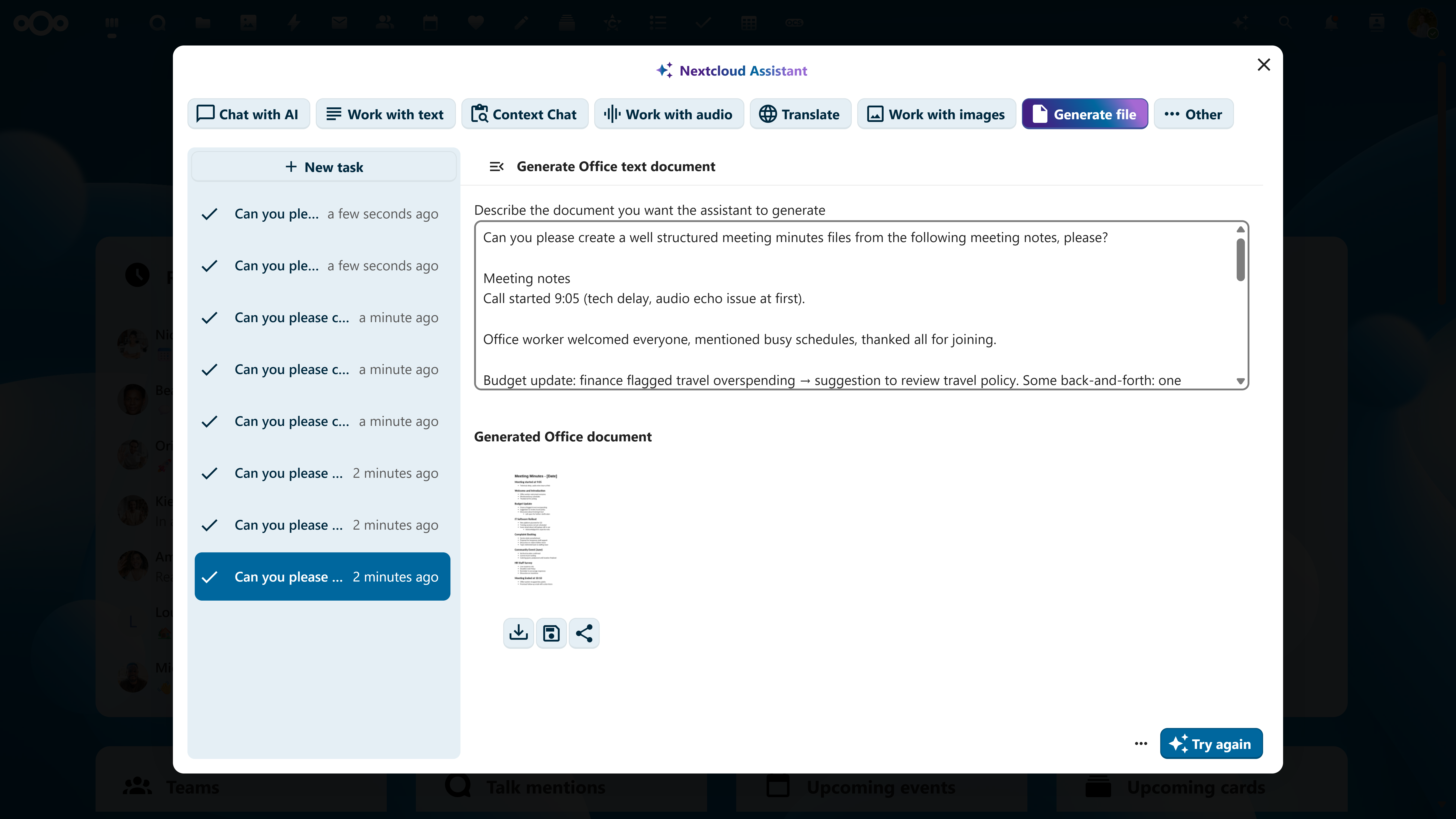 Nextcloud Assistant Document Generation