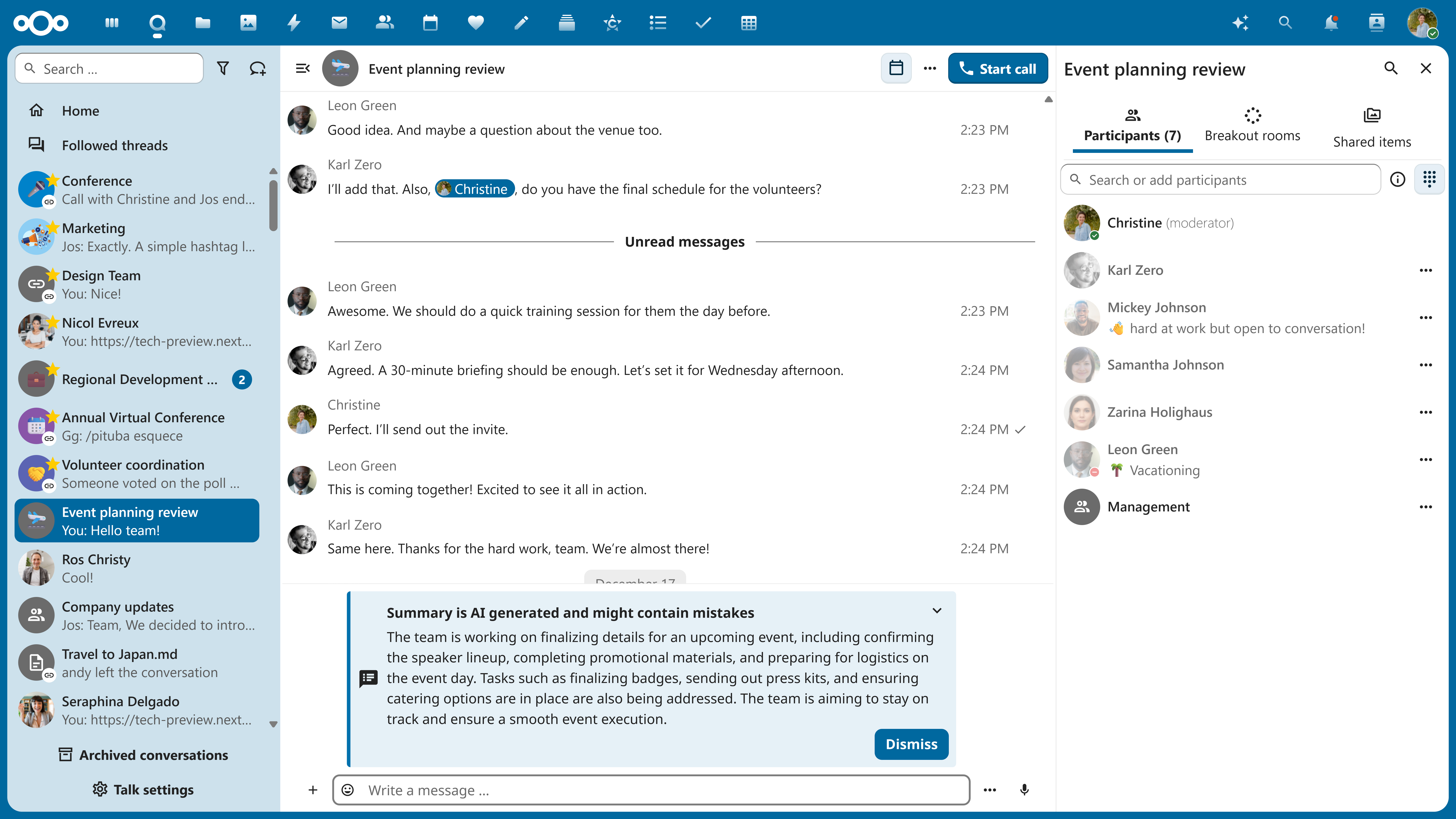 Nextcloud Assistant Summary in Talk (Web)