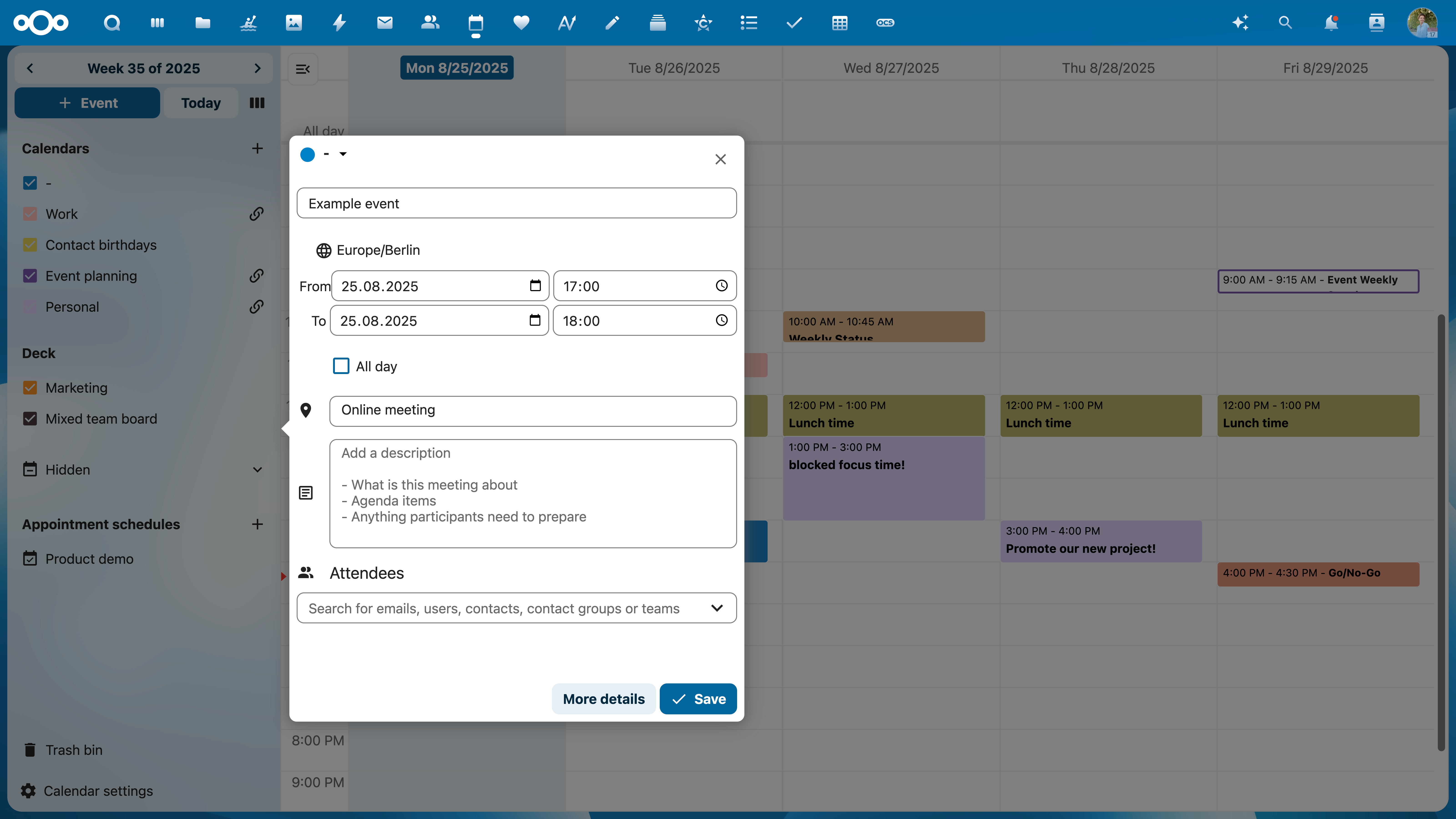 Nextcloud Groupware Create Example Event (Web)